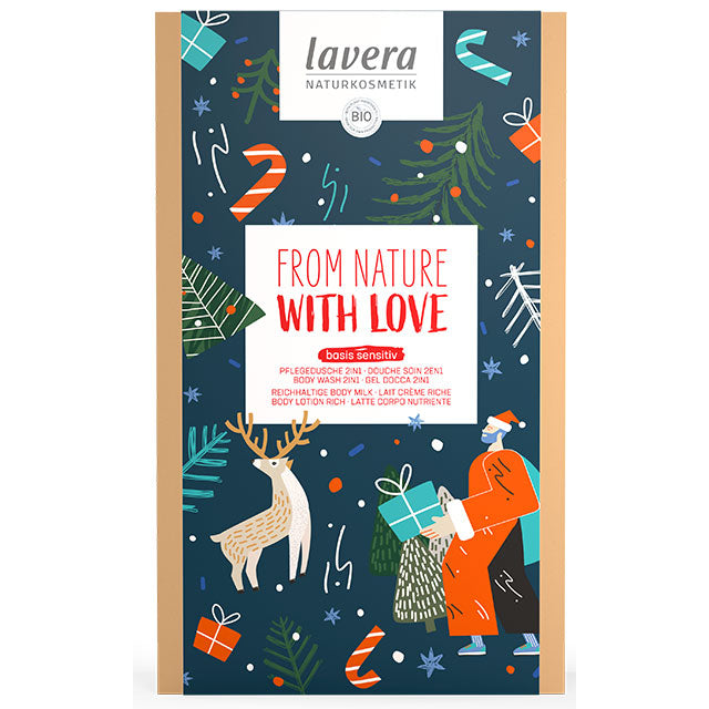 Lavera from Nature with Love Gift Set is in a box with a dark blue christmas design