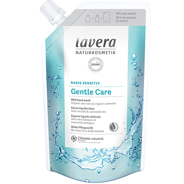 lavera Gentle Care Mild Hand Wash Refill with organic aloe vera and organic chamomile in a plastic pouch