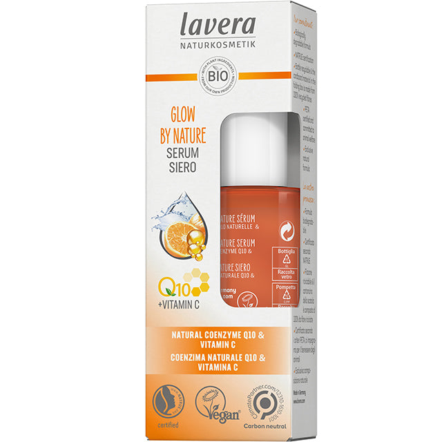 Lavera Glow by Nature Serum with Q10 and Vitamin C. The box contains a orange bottle.
