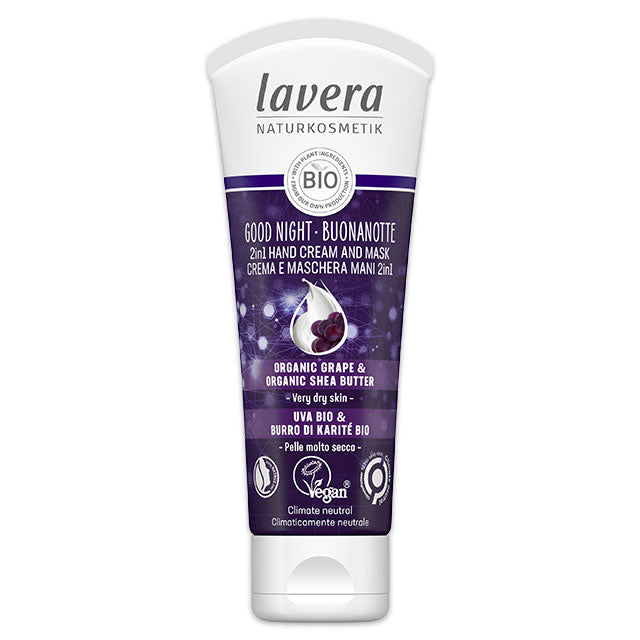 lavera Good Night 2 in 1 Hand Cream and Hand Mask with organic grape and organic shea butter for very dry hands. In a purple and white tube
