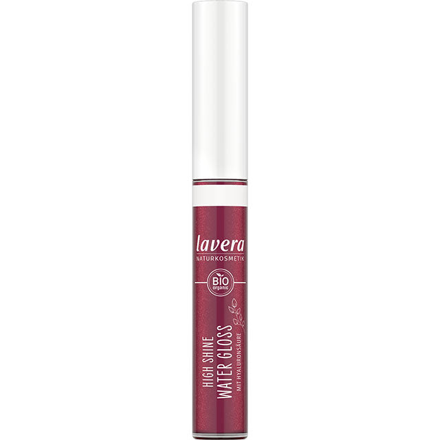 Lavera High Shine Water Gloss Raspberry 03 is a deep reddish brown shade in a lipgloss bottle with a wand applicator