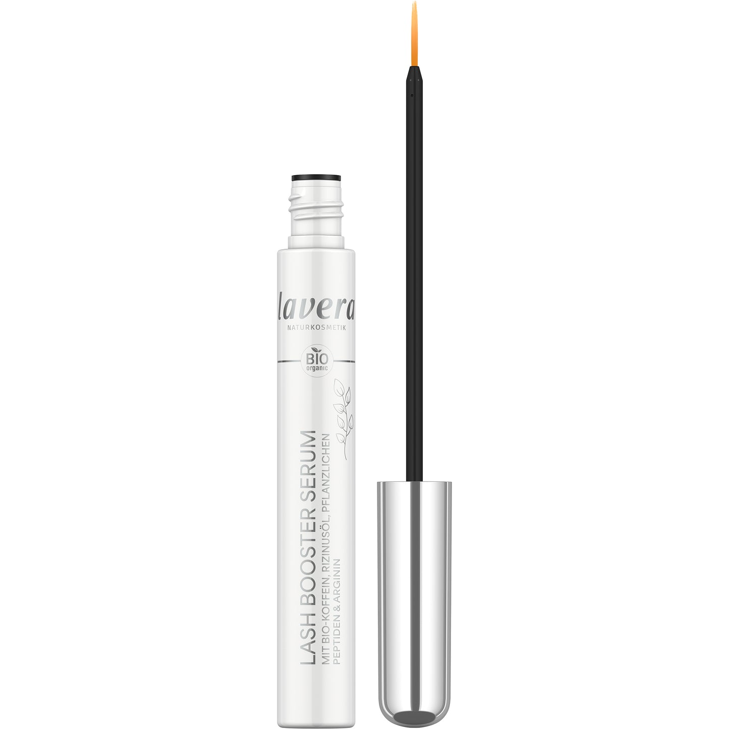 Lavera Lash Booster Serum is open showing the fine brush on a white background