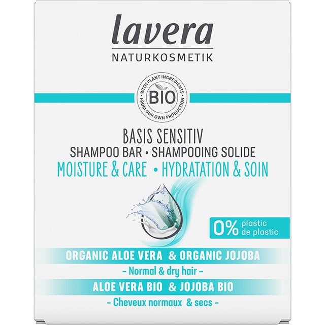 lavera Basis Sensitive Moisture and Care Shampoo Bar in a box. 0% plastic