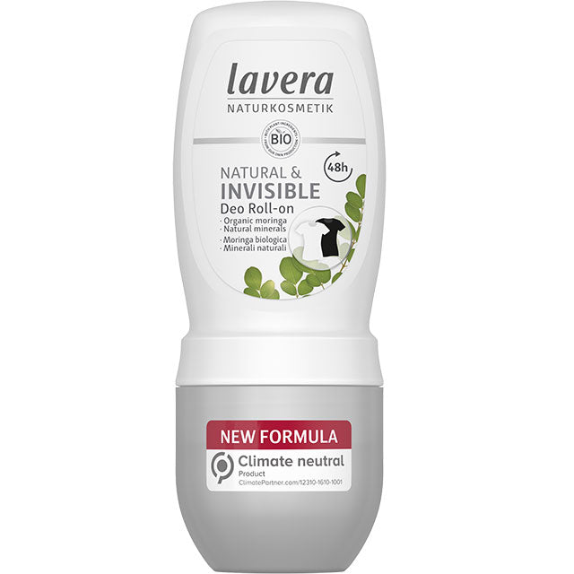 Lavera Natural and Invisible Deo Roll On with organic moringa and natural minerals in a roll-on plastic tube