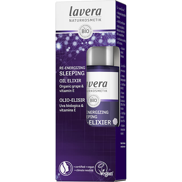 lavera Re-energizing Sleeping Oil Elixir with organic grape and viatmin E. Bottle in a box.