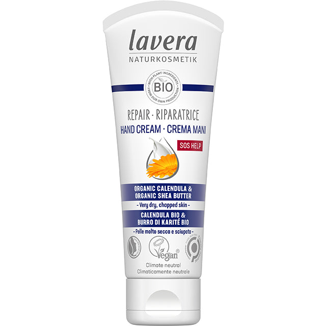 lavera Repair Hand Cream with Organic Calendula dn organic shea butter in a white and blue plastic tube