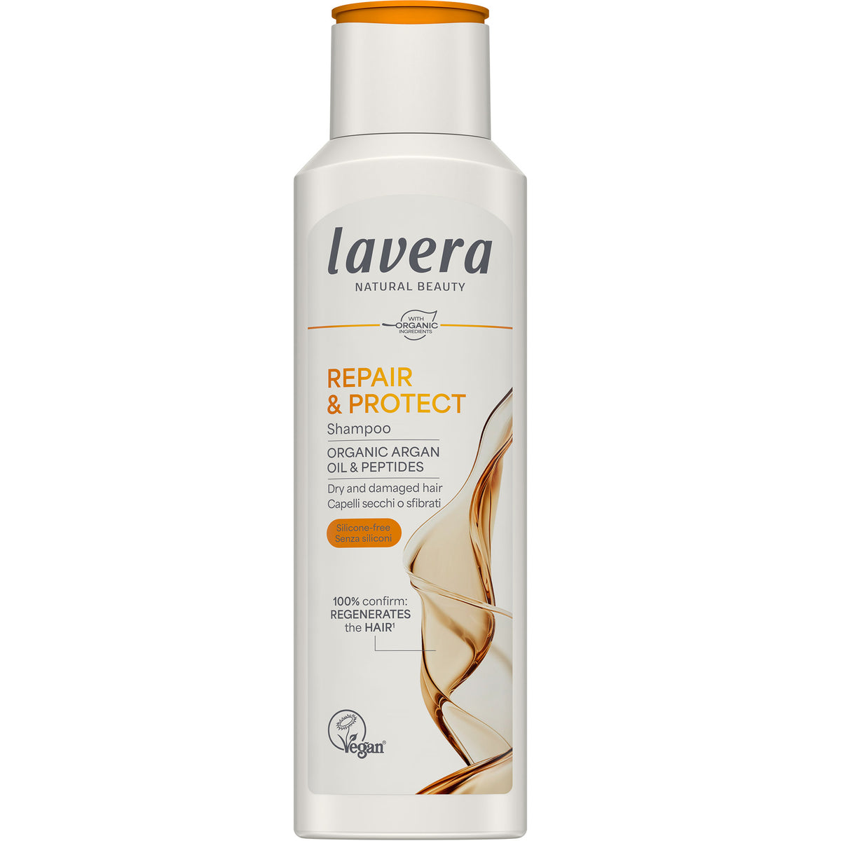 Lavera Repair and Protect Shampoo for Dry and Damaged Hair is in a white bottle with organge flip top cap and black and orange writing on a white background