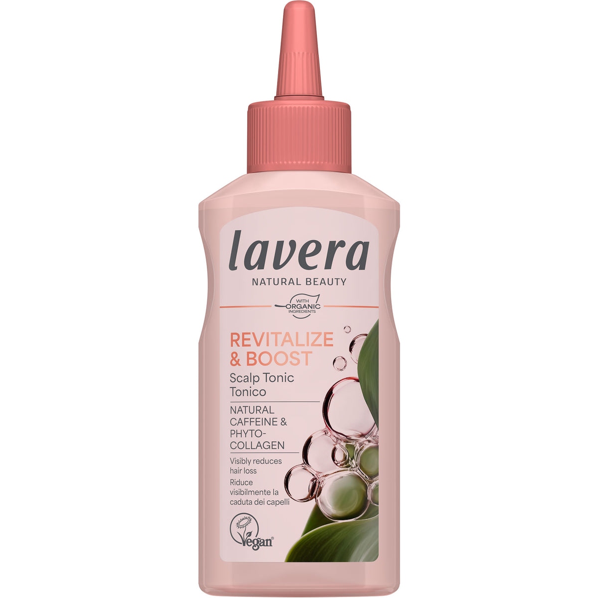 Lavera Revitalize & Boost Scalp Tonic in a pink squeeze bottle with a pointed applicator cap, featuring a white and pink label with green leaf graphics on a white background