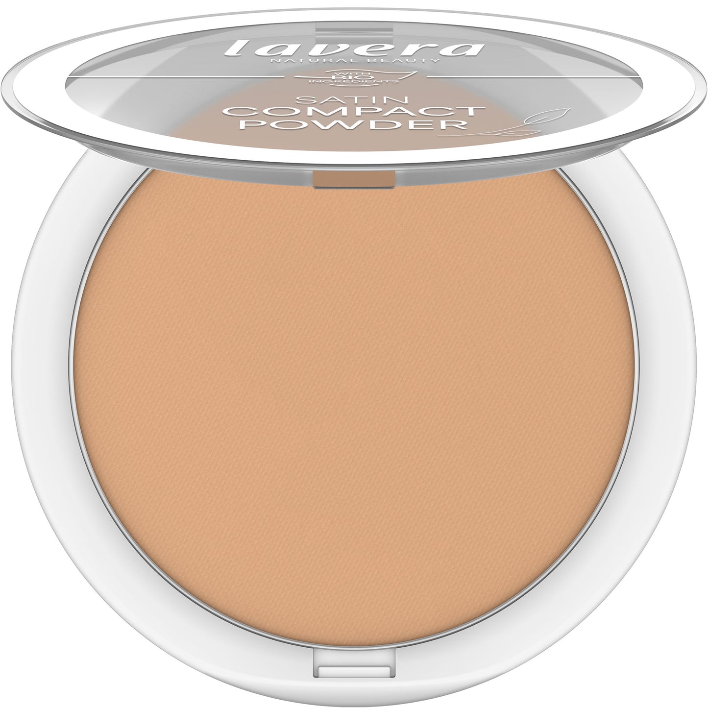 Lvera Satin Compact Powder Medium Sand 04 in an open compact case on a white background
