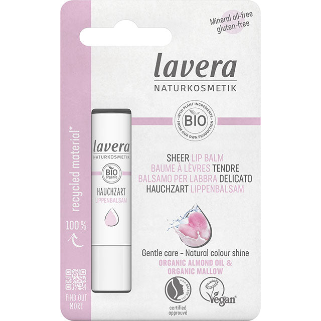 lavera Organic Sheer Lip Balm with a hint of pink. Contains organic almond oil and organic mallow in a blister pack.