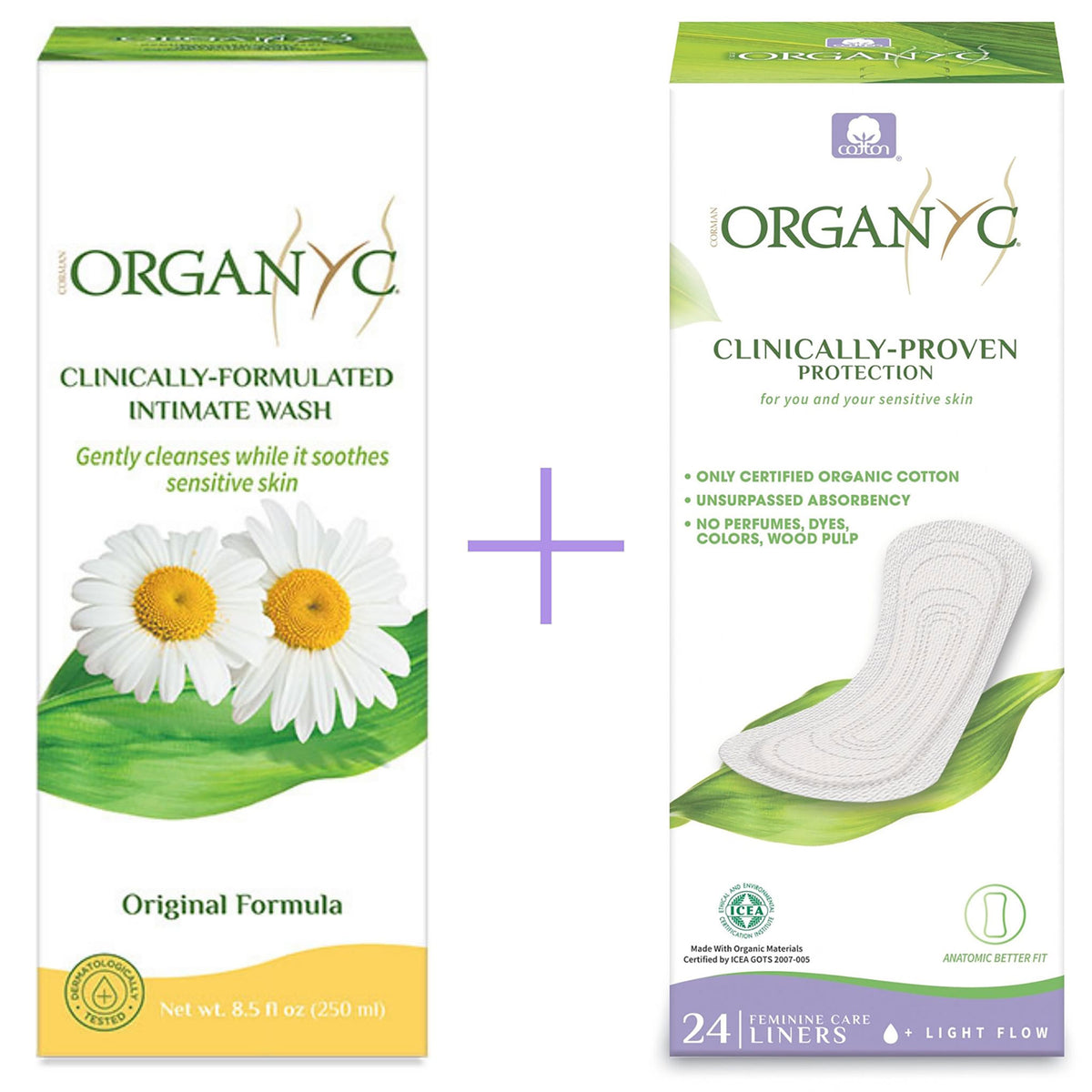 Two product boxes for Organyc Intimate Wash and Organyc Panty Liners shown side by side on a white background, with a purple plus sign between them.