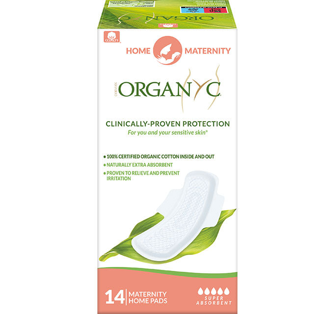 Organyc Maternity Home Pads with wings made with organic cotton inside and out. 14 Home Pads in a box