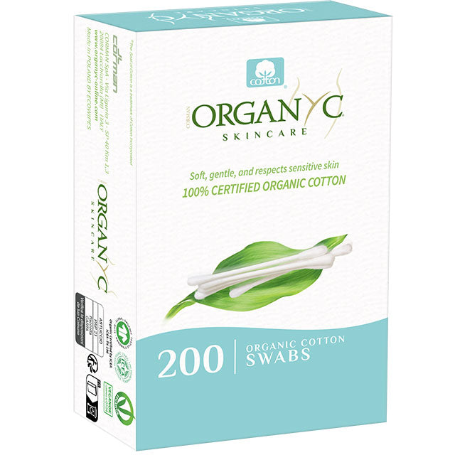 Organyc Organic Cotton Wool Swabs with cardboard stems and organic cotton tips, in a cardboard box.