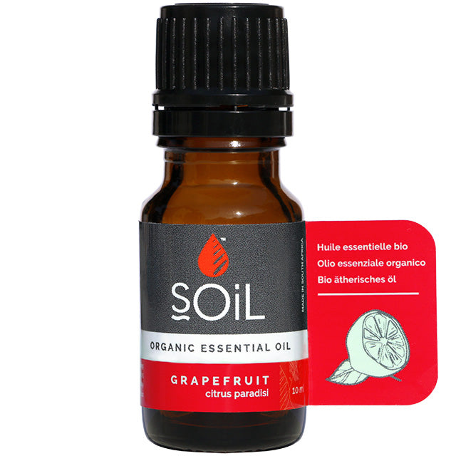 Soil Organic Essential Oil Grapefruit in a brown glass bottle with a screw top lid.