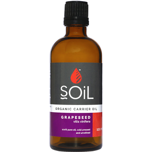 Soil Organic Carrier Oil Grapeseed 100ml in a brown glass bottle with a screw top lid