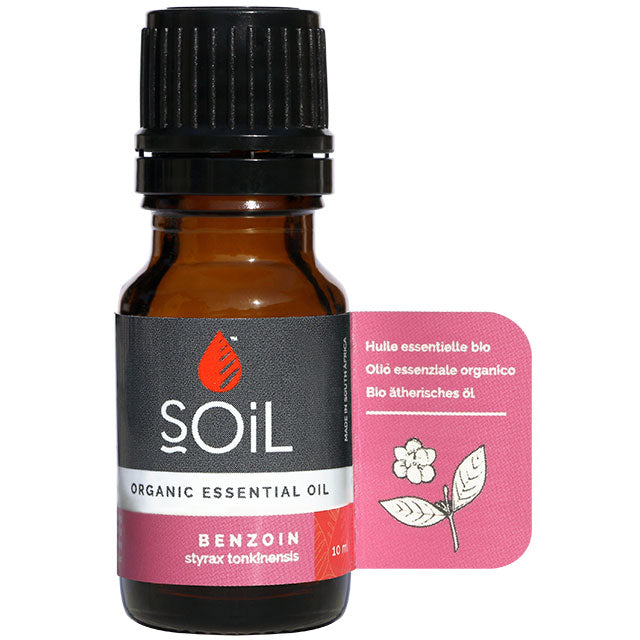 Soil Organic Essential Oil Benzoin is in a brown glass bottle with a screw top lid