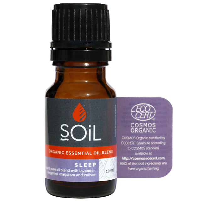 Soil Organic Essential Oil Blend Sleep in a brown glass bottle with a screw top lid.