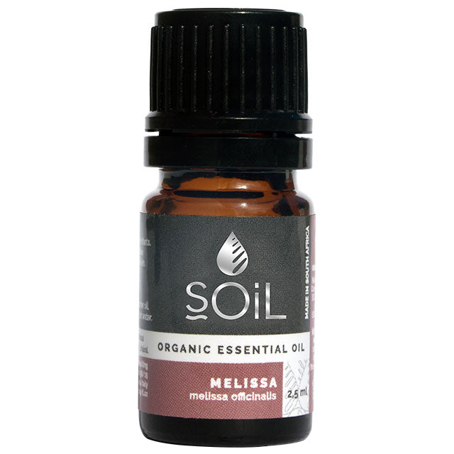 Soil Organic Essential Oil Melissa in a glass brown bottle with a screw top lid