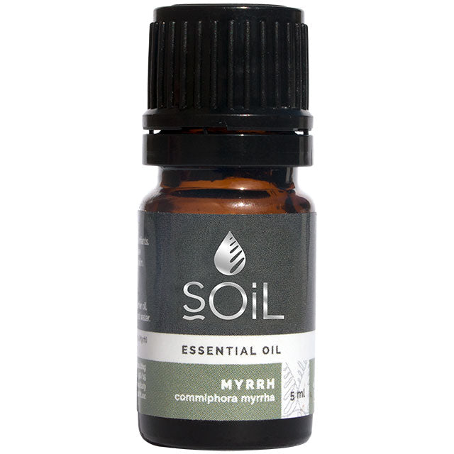 Soil Essential Oil Myrrh is wild harvested and is in a glass brown bottle with a screw top lid