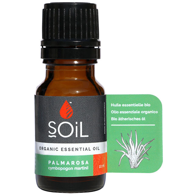 Soil Organic Essential oil Palmarosa is in a brown glass bottle with a screw top lid