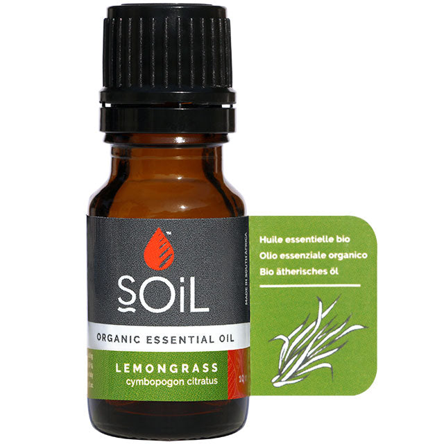 Soil Organic Essential Oil Lemongrass in a glass brown bottle with a screw top lid