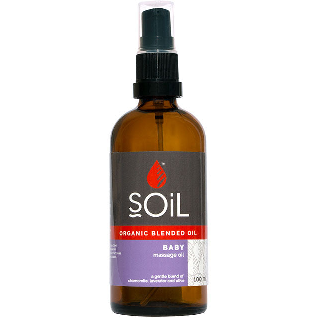 Soil Organic Blended Oil Baby Massage Oil in a brown glass bottle