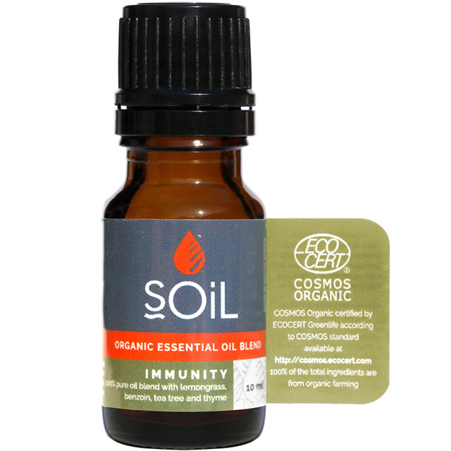 Soil Organic Essential Oil Blend Immunity is in a brown glass bottle with a screw top lid