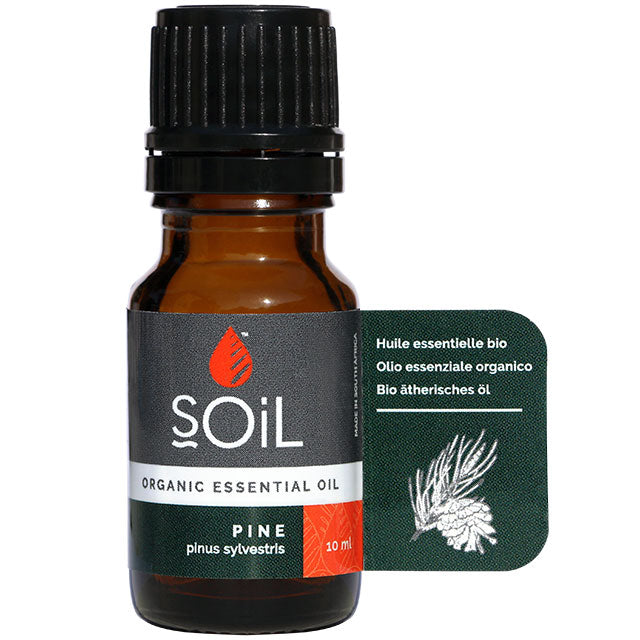 Soil Organic Essential Oil Pine is in a glass brown bottle with a screw top lid.
