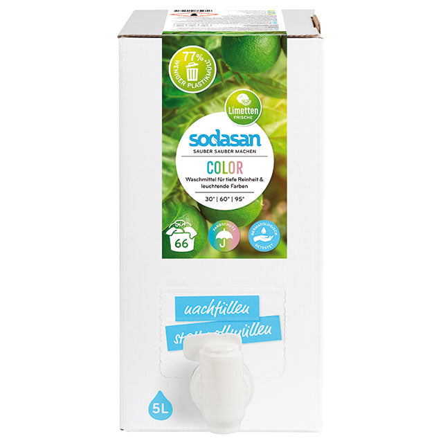 Sodasan Laundry Liquid Lime Refill Bag in a box The laundry liquid is in a bag inside the box with a dispenser tap.