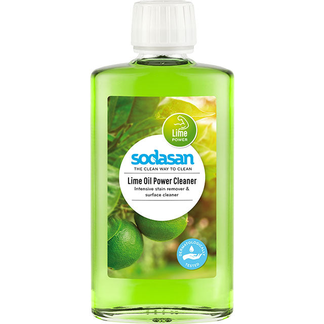 Sodasan Lime Oil Power Cleaner in a clear glass bottle with a screw top lid