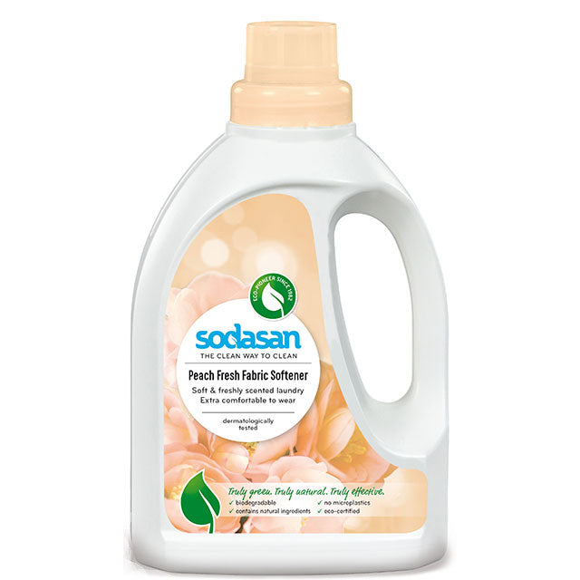 Sodasan Peach Fresh Fabric Softener is in a recycled plastic bottle with a peach coloured scrfew top lid.