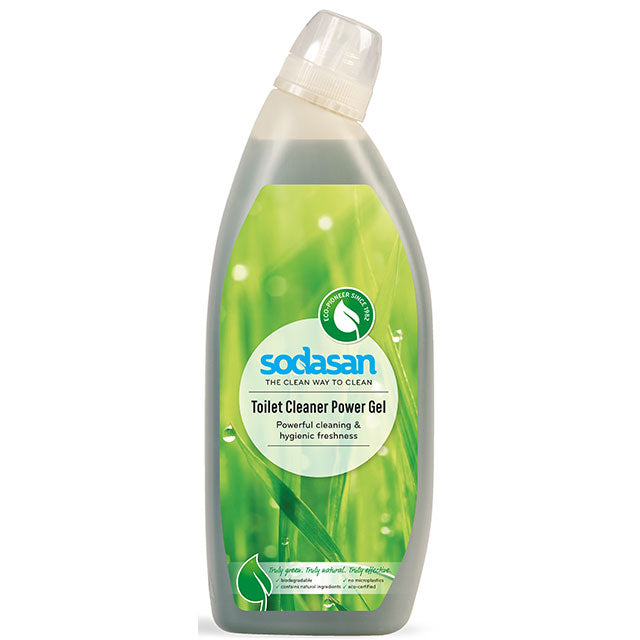 Sodasan Toilet Cleaner Power Gel in a shaped clear recycled plastic bottle with a screw top lid