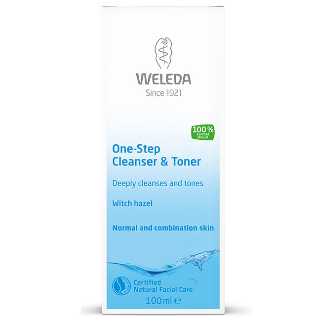 Box of Weleda One Step Cleanser and Toner with Witch Hazel. Deeply cleanses and tones. Normal to Combination Skin