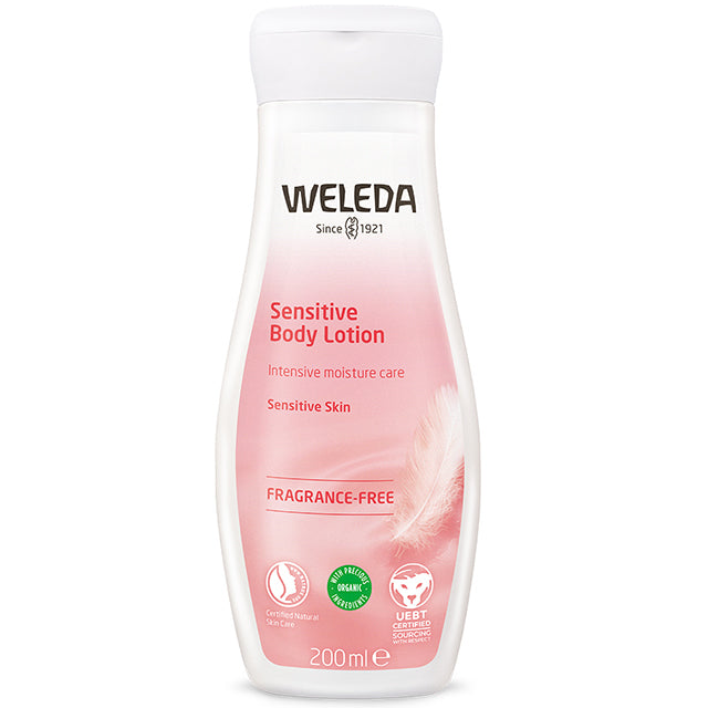 Weleda Sensitive Body Lotion is fragrance free suitable for sensitive skin. The lotion is in a plastic bottle