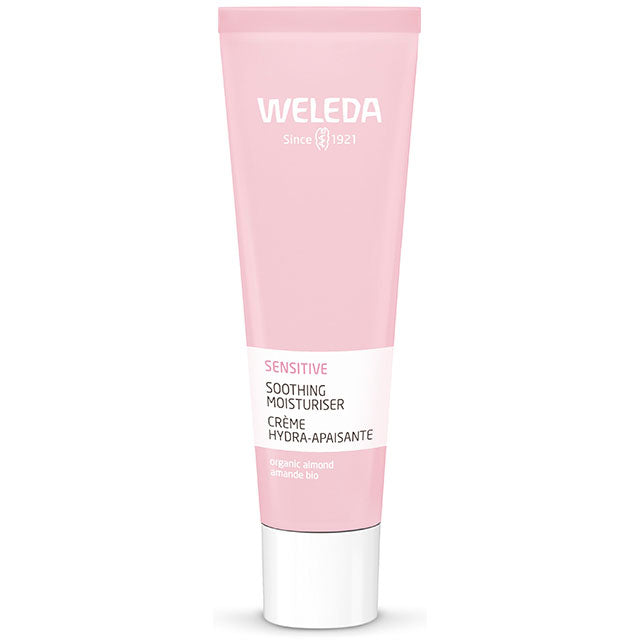Weleda Sensitive Soothing Moisturiser in a pink tube on a white background