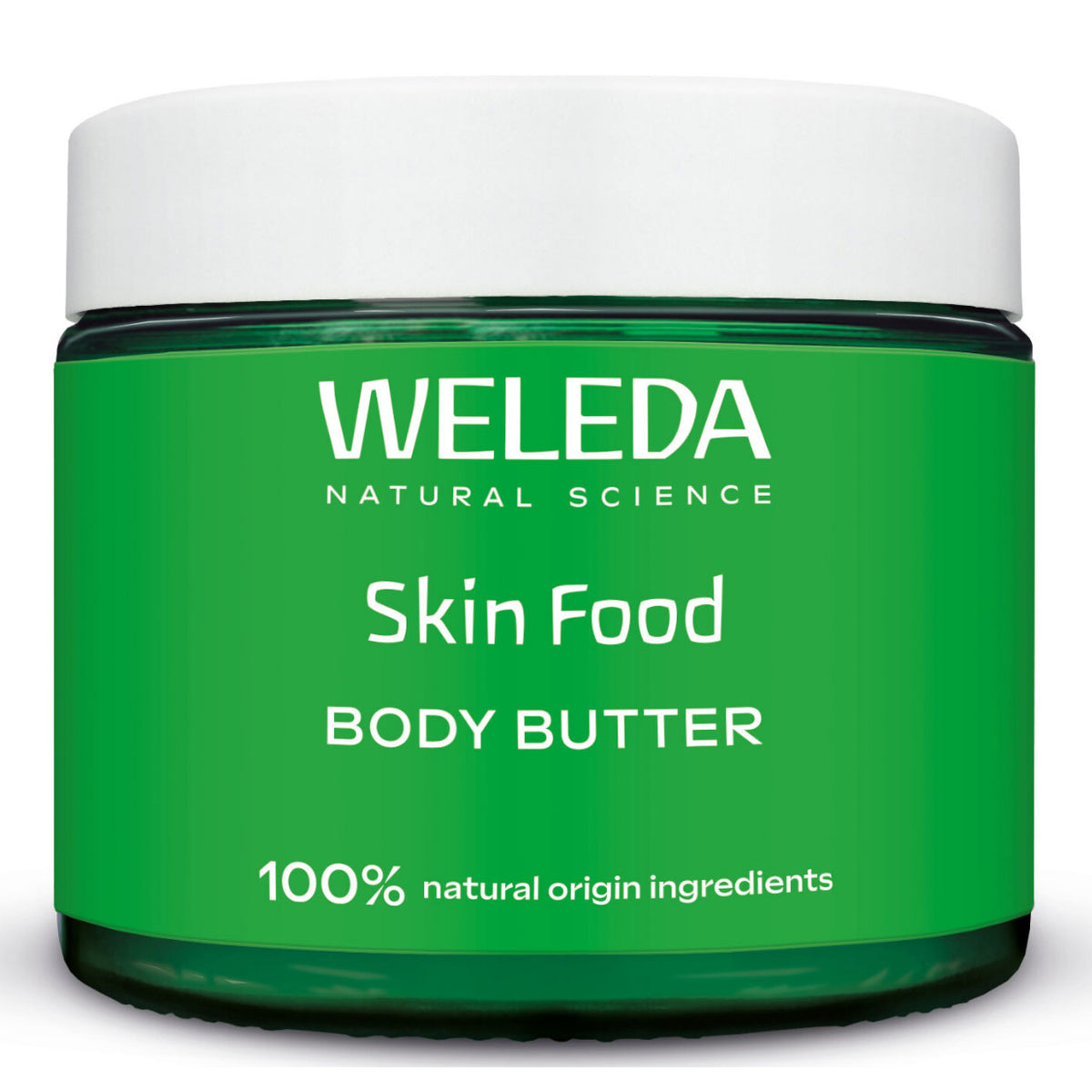 Weleda Skin Food Body Butter is in a glass jar with a white screw top lid on a white background
