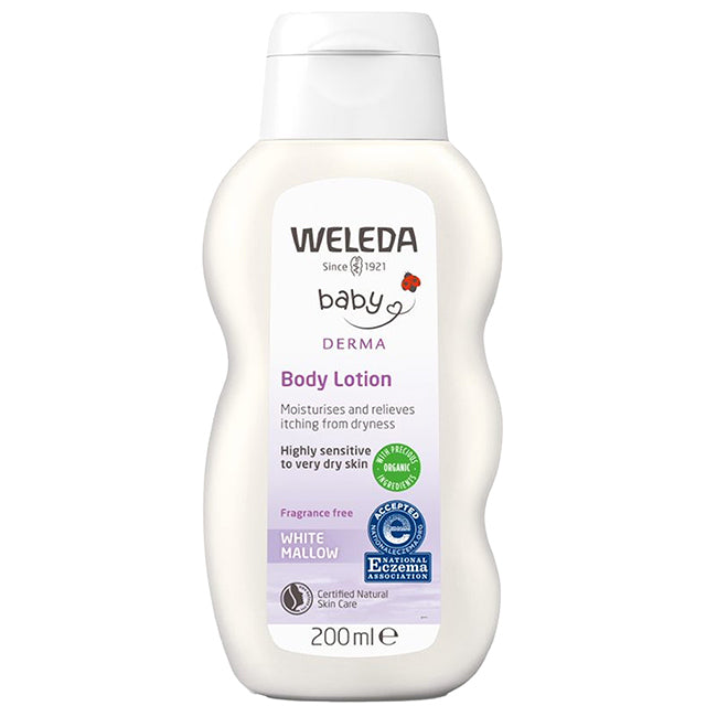 Weleda Baby White Mallow Body Lotion in a white bottle
