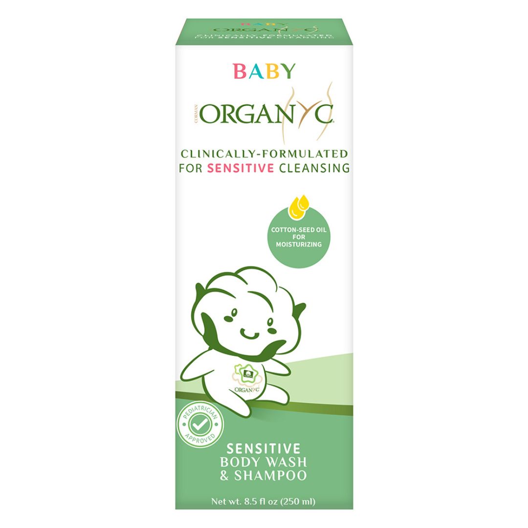 Organic baby body wash and shampoo packaging on a white background
