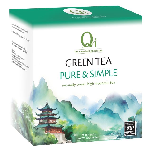 Box of Qi Green Tea with scenic design and text on a white background