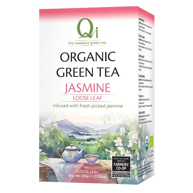 Box of Qi Organic Green Tea Jasmine Loose Leaf on a white background