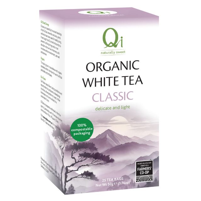 Box of Qi Organic White Tea Classic on a white background