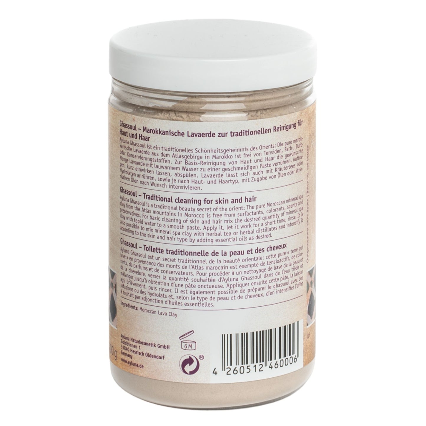 Back of Ayluna Ghassoul Moroccan Minera Spa Clay on a white background.
