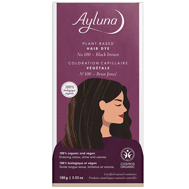 Ayluna Plant Based Hair Dye Black Brown No.100 is in a packet inside a box.