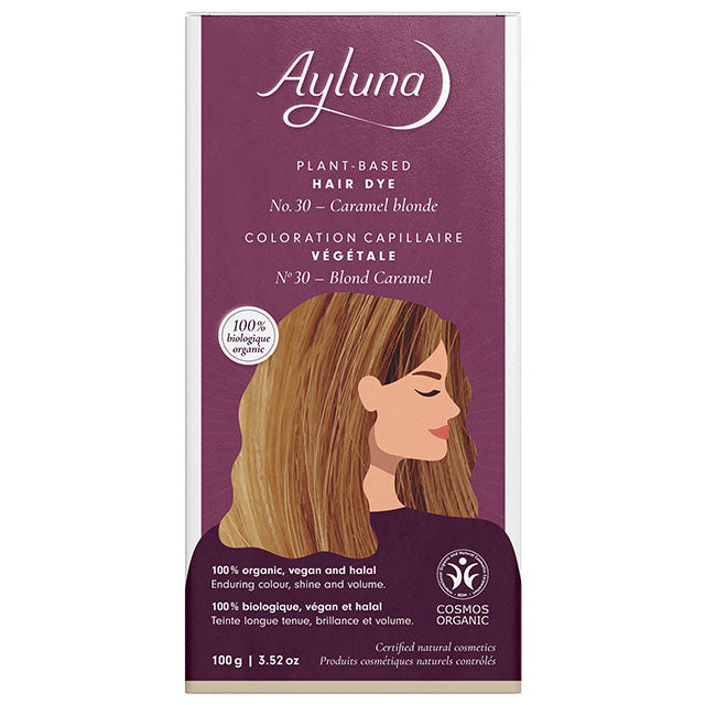 Ayluna Plant Based Hair Dye Caramel Blonds No. 30. A packet in a box.