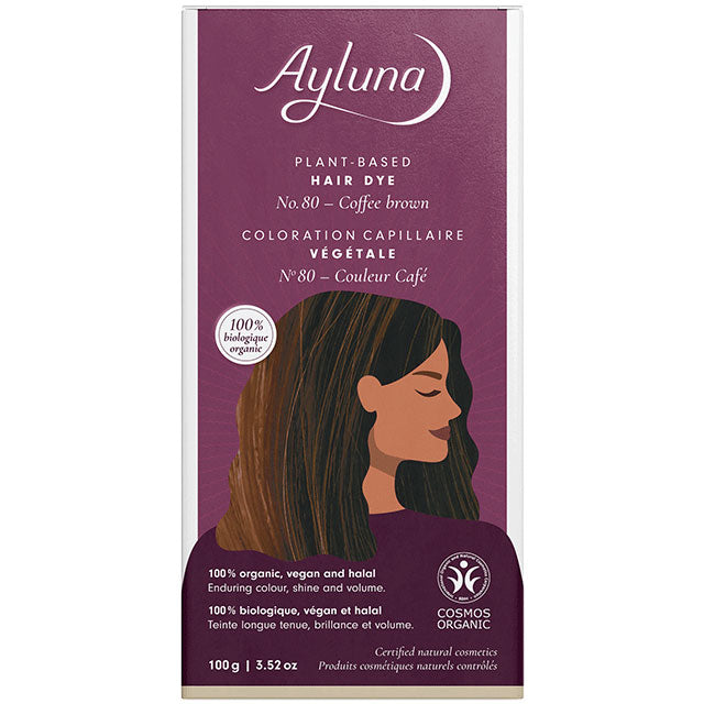 Ayluna Plant Based Hair Dye Coffee Brown No.80 in a packet inside a box