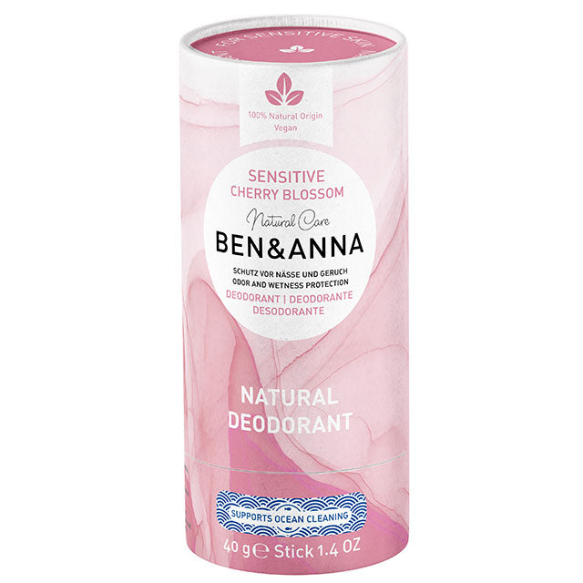 Ben and Anna Sensitive Cherry Blossom Natural Deodorant in a pink cardboard tube