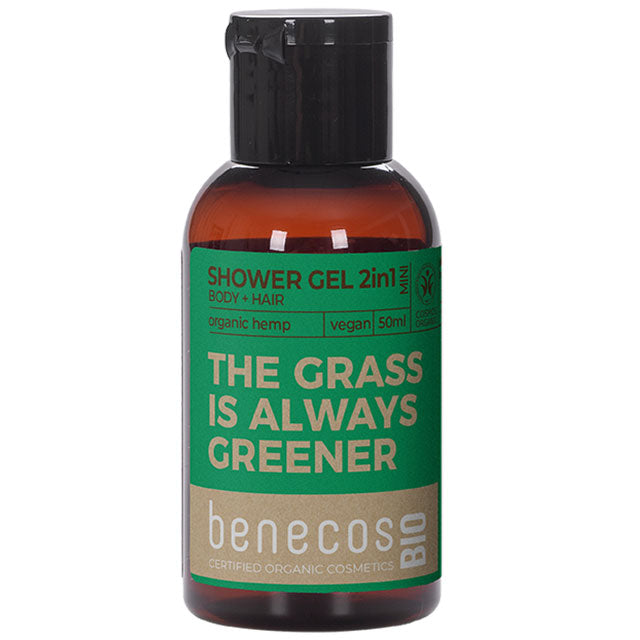 Mini Size of Benecos Bio Shower Gel 2 in 1 for hair and body with organic hemp in a mini brown plastic bottle.