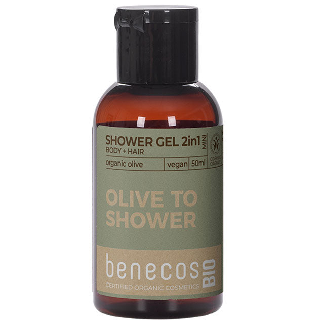 Mini Size of Benecos Bio Shower Gel 2 in 1 Body and Hair with Organic Olive - Olive to Shower in a small brown plastic bottle