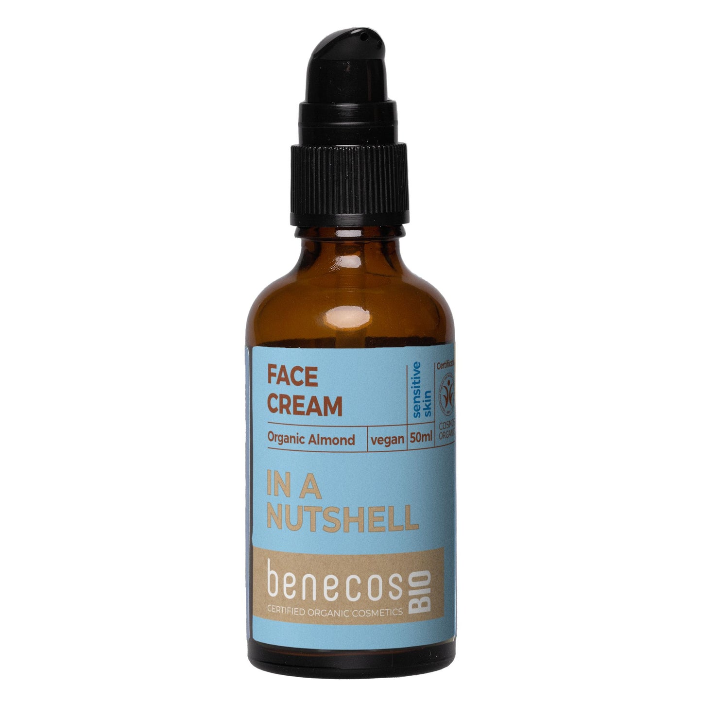 A 50ml amber glass bottle of benecos Face Cream with a black dropper cap and a light blue label, shown on a plain white background.