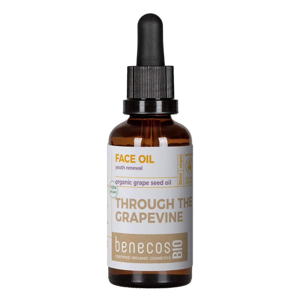 A bottle of benecos Bio Organic Grape Face Oil 'Through the Grapevine' organic grape seed oil in an amber glass dropper bottle with a black cap and white label.